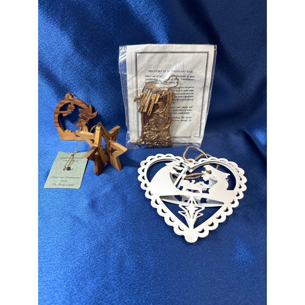 Vintage Lot of Three Christmas Ornaments Olive Wood, Artwax and Metal